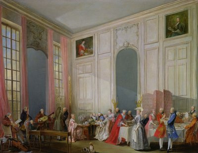 The English Tea and a Society Concert at the house of the Princesse de Conti, Palais du Temple, Paris with the Young Mozart at the Clavichord, 1766 by Michel Barthelemy Ollivier or Olivier